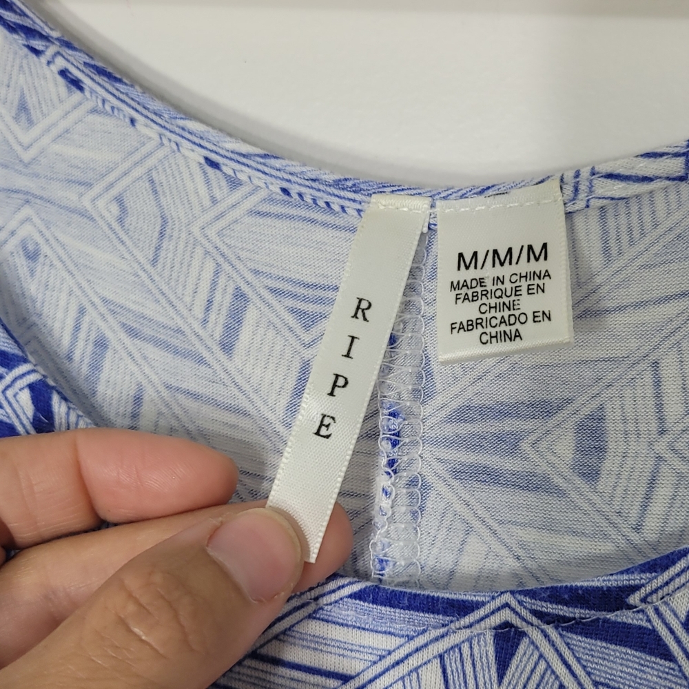 Ripe Blue White Geometric Print Sleeveless Scoop Neck Flared Midi Dress Sz M - Picture 4 of 8